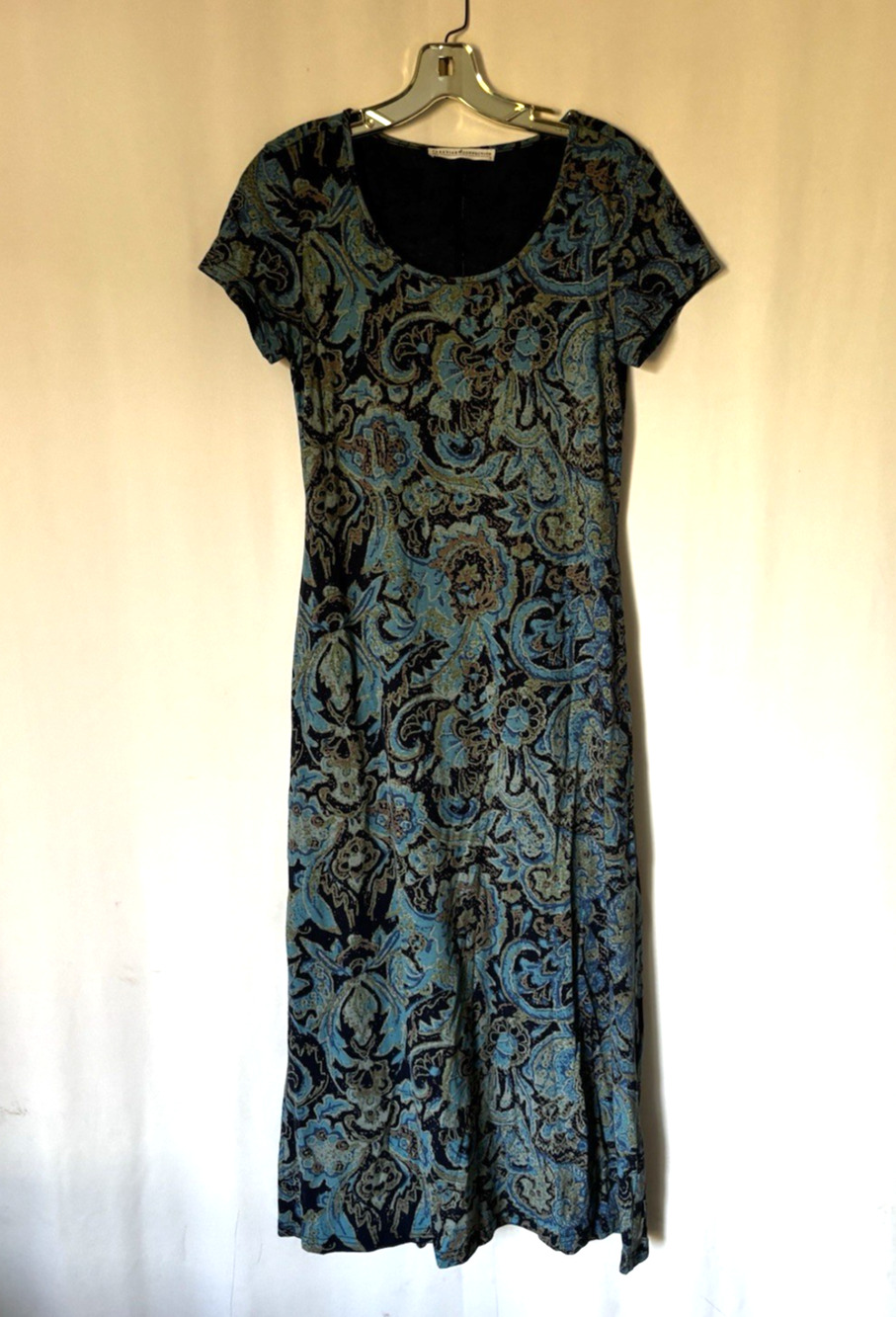 Peruvian Connection Dress Small Green Floral Short Sleeve Aline Long Maxi